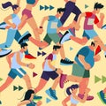 Crowd run together. Race track pattern. Group of women and men on fitness marathon. Sports running. Athletic teamwork Royalty Free Stock Photo