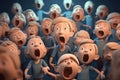 A crowd of screaming children in cartoon movie style illustration refers to a playful and whimsical depiction of a group