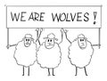 Crowd of Sheep Holding We Are Wolves Sign, Vector Cartoon Illustration