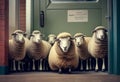 A crowd of sheep look out the open door. Job interview queue. AI generated