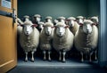 A crowd of sheep look out the open door. Job interview queue. AI generated