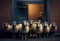 A crowd of sheep look out the open door. Job interview queue. AI generated