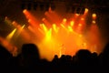 Crowd silhouette, music band and concert audience listen to club artist, stage performance or celebrity star. Night Royalty Free Stock Photo