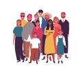 Crowd of smiling diverse people standing together vector flat illustration. Group of multiethnic joyful man, woman and