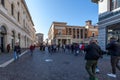 Crowd strolling downtown in front of the Pedrocchi Coffee Bar, Padova, Italy