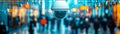 Crowd surveillance on city streets, elevated security camera, AI recognition, big data, copy area