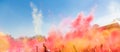 Crowd throwing bright colored powder paint in the air at Holi Festival Dahan