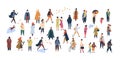 Crowd of tiny people dressed in autumn clothes or outerwear walking on street and performing outdoor activities. Group Royalty Free Stock Photo