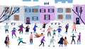Crowd of tiny people dressed in winter clothes ice skating on rink. Men, women and children in seasonal outerwear on ice Royalty Free Stock Photo