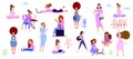 Crowd of tiny women active in the park. Flat design style vector graphic illustration various girls set.