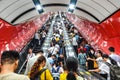 The crowd took the elevator in subway tunnel in Guangzhou, China