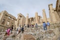 Crowd of Tourists Climbing the Mable Steps Up to the Acropolis