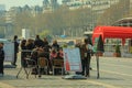 Crowd of tourists in the historic streets of Paris, France