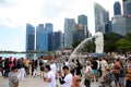 A crowd of tourists at the Merlion park in Singapore
