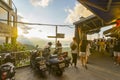 Crowd of tourists sightseeing at Jiufen Old Street looking out the mountain in New Taipei City, Taiwan