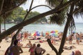 Crowd tourists, sunbed and umbrellas on the beach