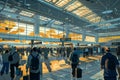 Crowd of travelers walking through busy airport terminal, A bustling airport terminal with travelers rushing to their gates