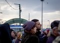 The crowd waiting to cross the street in front of Eminonu tram stop.