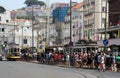 Crowd waiting for Tram 28 in Lisbon.