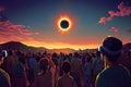 Crowd watching solar eclipse with vr goggles at sunset Royalty Free Stock Photo
