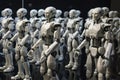 Crowd of white AI humanoid robots standing in a row. Generative AI