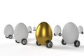 Crowd white easter eggs and one gold on wheels as cars on isolated background