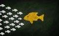 Crowd of White fishes In Front of Yellow Big Fish. Drawing On Chalkboard. Leadership and Stand out from the crowd concept Royalty Free Stock Photo