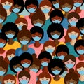 A crowd of women of various nationalities in medical mask. Flat vector illustration. Medical concept