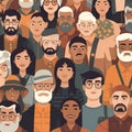 Crowd of young and elderly men and women in trendy hipster clothes.Social diversity concept. Flat cartoon illustration