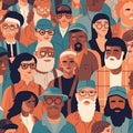 Crowd of young and elderly men and women in trendy hipster clothes.Social diversity concept. Flat cartoon illustration