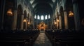 A Crowd of Young People View From the Back Sitting on the Bench Inside A Cathedrale Church Dark Background AI Generative