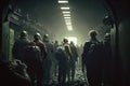 a crowd of zombies in the subway tunnel illustration Generative AI