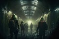 a crowd of zombies in the subway tunnel illustration Generative AI