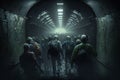 a crowd of zombies in the subway tunnel illustration Generative AI