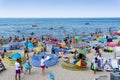 Crowded beach on the Baltic in Miedzyzdroje with people disregarding Covid-19 regulations