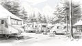 Crowded campground filled with RVs, vans and campers. Black and white drawing sketch, Royalty Free Stock Photo