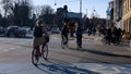 Crowded Copenhagen street with cars and cyclists, road safety rules, urban life