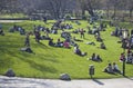 Crowded grass park lawn