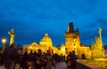 Crowded Iconic Charles Bridge at night Prague city Czechia Royalty Free Stock Photo