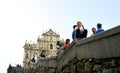 Crowded main street at St. Pauls Cathedral in Macau in a normal day before the pandemic