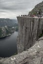 Crowded morning on Preikestolen rock Royalty Free Stock Photo