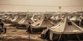 Crowded, poorly maintained refugee camp, illustrating the dire consequences of global conflict, concept of