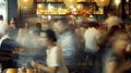 crowded restaurant with people dining and waiters, bartender and chefs working, blurred motion, cafe with crowd Royalty Free Stock Photo