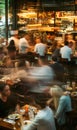 crowded restaurant with people dining and waiters, bartender and chefs working, blurred motion, cafe with crowd Royalty Free Stock Photo