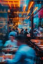 crowded restaurant or pub with people dining and waiters, bartender and chefs working, crowd drinking and eat in full Royalty Free Stock Photo