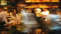 crowded restaurant or pub with people dining and waiters, bartender and chefs working, crowd drinking and eat in full Royalty Free Stock Photo