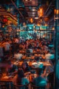 crowded restaurant or pub with people dining and waiters, bartender and chefs working, crowd drinking and eat in full Royalty Free Stock Photo