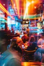 crowded restaurant or pub with people dining and waiters, bartender and chefs working, crowd drinking and eat in full Royalty Free Stock Photo