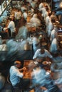 crowded restaurant or pub with people dining and waiters, bartender and chefs working, crowd drinking and eat in full Royalty Free Stock Photo