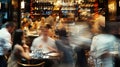 crowded restaurant or pub with people dining and waiters, bartender and chefs working, crowd drinking and eat in full Royalty Free Stock Photo